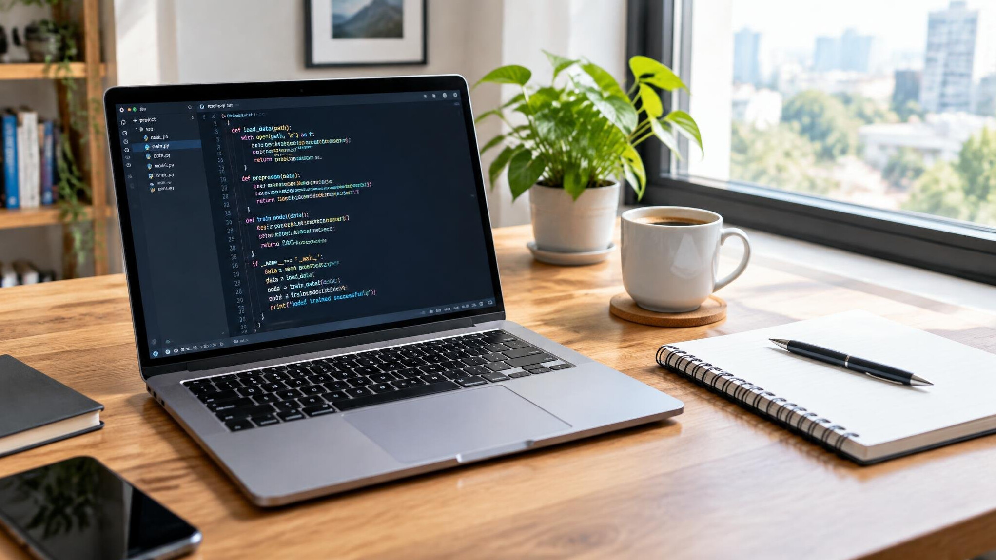 Laptop with programming code on screen on a wooden desk